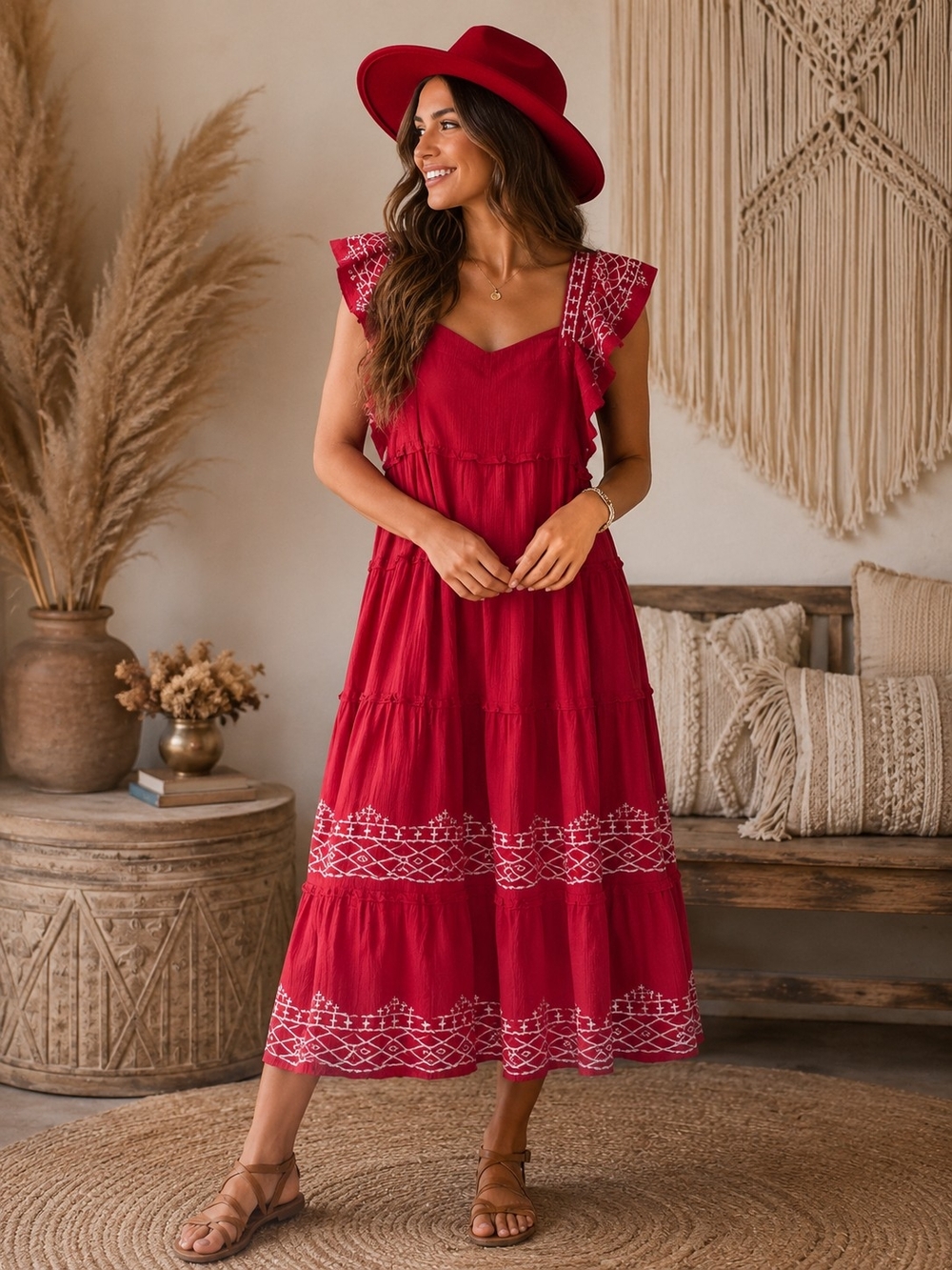 Knox Rose Red Embroidered Tiered Maxi Dress